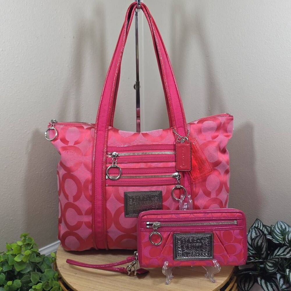 Coach Hot Pink Op Art C Signature Tote Bag and Wallet